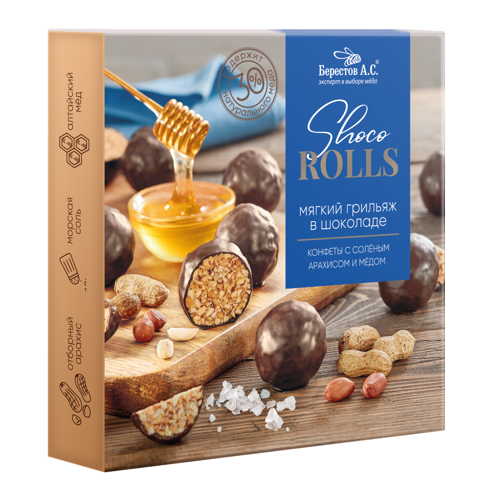 Берестов Shoco Rolls конфеты с арахисом, солью и медом, 135г   в Новодвинске